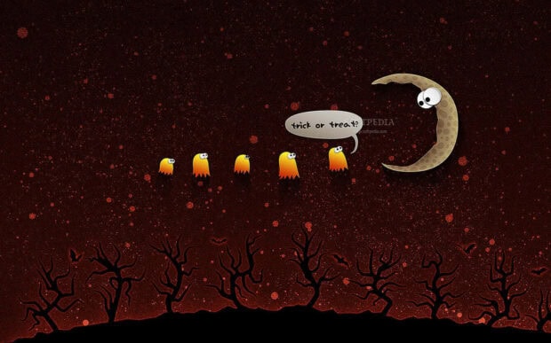 A minimalist Halloween Macbook Wallpaper featuring a crescent moon, small orange ghosts, and bare trees on a dark, speckled background