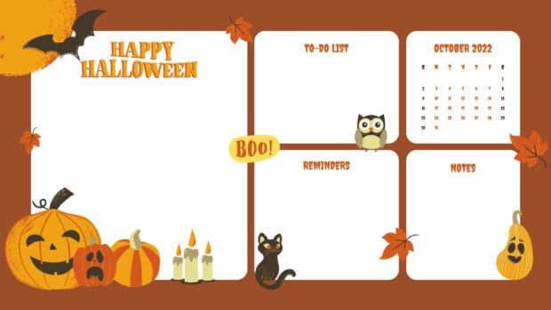 A festive Halloween Macbook Wallpaper designed as a desktop organizer with pumpkins, a black cat, and sections for notes and lists