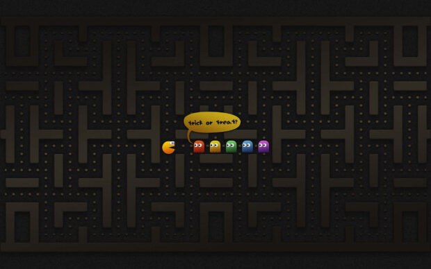 A playful Halloween Macbook Wallpaper featuring Pac-Man and ghosts with a "trick or treat?" speech bubble on a maze background