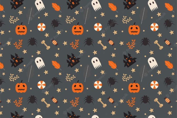 A dark grey Halloween Macbook Wallpaper featuring a seamless pattern of spooky elements like pumpkins, ghosts, spiders, and witch hats