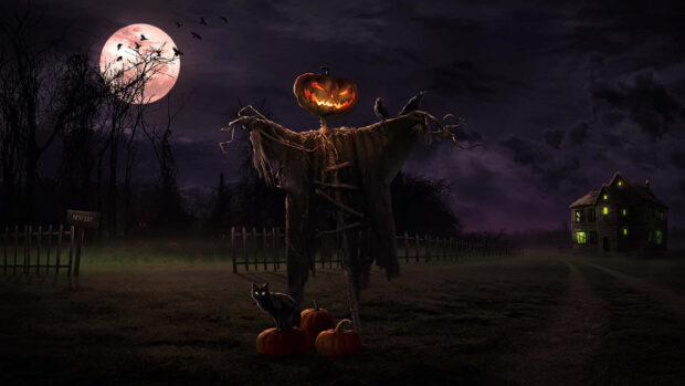 A dark Halloween Macbook Wallpaper showing a scarecrow with a glowing pumpkin head, a black cat, and a haunted house under a full moon