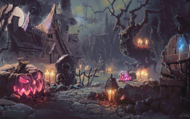 An atmospheric Halloween Macbook Wallpaper depicting a spooky village scene with glowing jack-o'-lanterns and candles under a moonlit sky