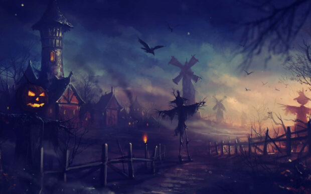 A spooky Halloween Macbook wallpaper depicting an eerie village scene with scarecrows, windmills, and a glowing jack-o'-lantern under a dark, mystical sky