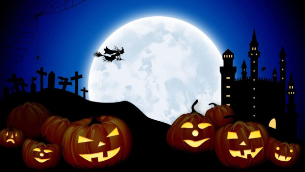 A dark blue Halloween Macbook Wallpaper showcasing a large full moon, a witch flying past a castle, and glowing jack-o'-lanterns in the foreground