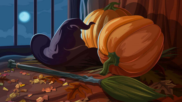 A festive Halloween Macbook Wallpaper illustration depicting a witch's hat, two pumpkins, a broomstick, and scattered candies under a full moon