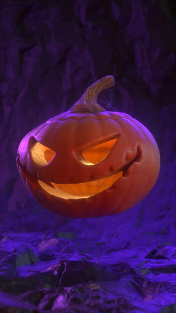 A 3D rendered Halloween Pumpkin Wallpaper with a glowing smile, floating above a textured purple ground, perfect for phone backgrounds