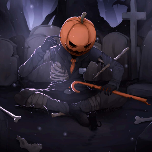An anime-style Halloween Pumpkin Wallpaper featuring a pumpkin-headed character in a graveyard with bones and a black cat
