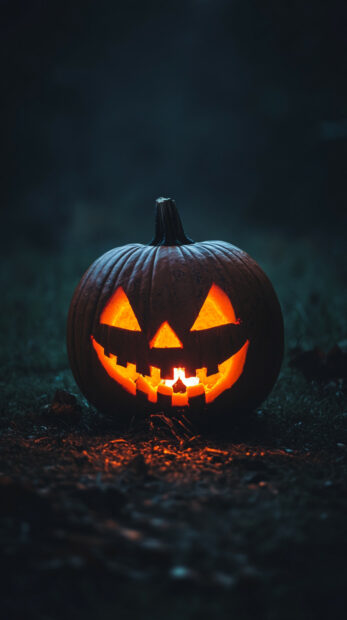 A classic carved Halloween Pumpkin Wallpaper glowing brightly in a dark outdoor setting, perfect for mobile backgrounds