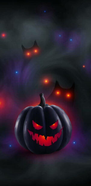 A dark digital art Halloween Pumpkin Wallpaper featuring a black pumpkin with glowing red eyes and spooky figures in the smoke, ideal for mobile devices
