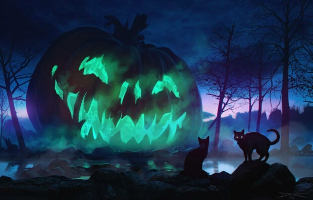 A dark Halloween pumpkin wallpaper featuring a giant glowing green jack-o'-lantern with two black cats in a misty, spooky forest