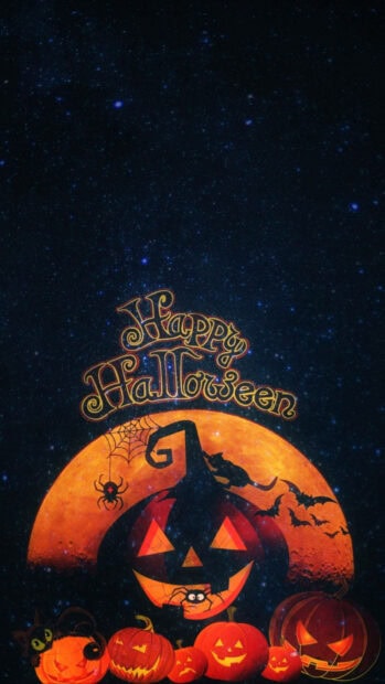 A Halloween Pumpkin Wallpaper featuring "Happy Halloween" text, a large moon, and several carved pumpkins with bats and spiders set against a starry night sky