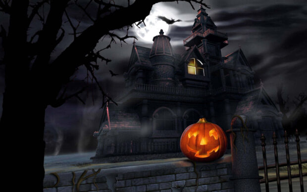 A glowing Halloween pumpkin wallpaper sits on a wall in front of a spooky haunted house under a full moon