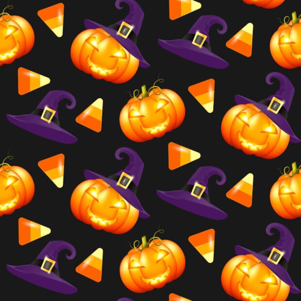 A festive Halloween Pumpkin Wallpaper pattern showcasing glowing pumpkins, witch hats, and candy corn against a black background