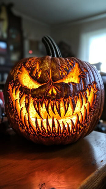 An intricately carved, scary monster Halloween Pumpkin Wallpaper with glowing teeth and eyes, perfect for a spooky mobile background