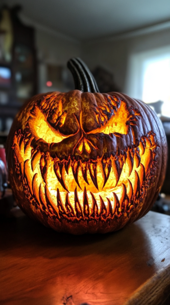 An intricately carved, scary monster Halloween Pumpkin Wallpaper with glowing teeth and eyes, perfect for a spooky mobile background