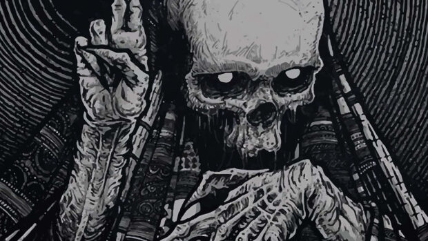 A stylized black and white Halloween Skeleton Wallpaper depicting a detailed skull with raised hands in an artistic, graphic novel style