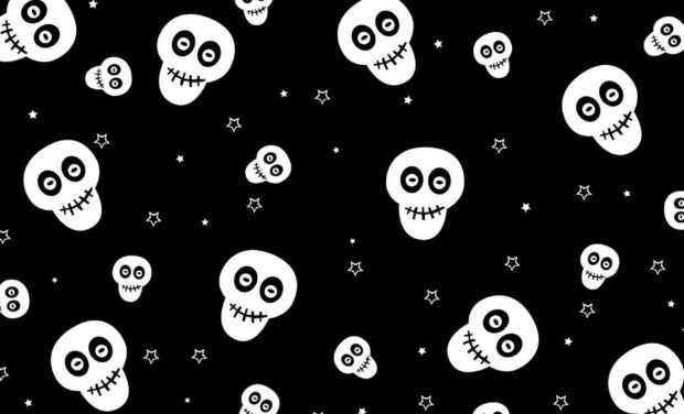 A fun Halloween Skeleton Wallpaper featuring a pattern of cute white cartoon skulls and small stars on a black background