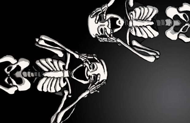 A fun Halloween Skeleton Wallpaper showing two cartoonish skeletons on a black and grey gradient background