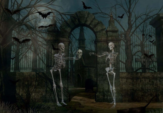 A Halloween Skeleton Wallpaper featuring two skeletons holding a skull in a spooky cemetery with flying bats and an old church