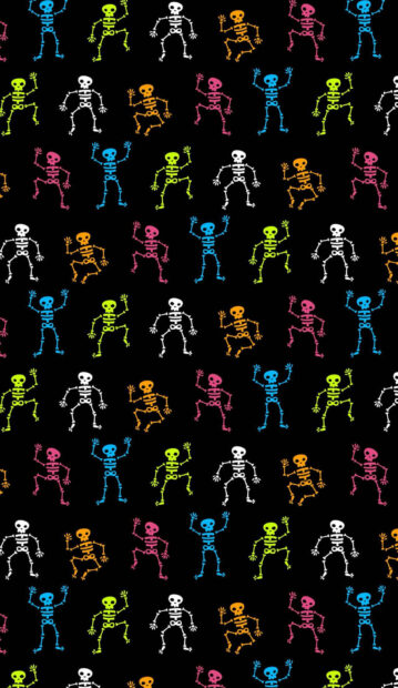 Halloween Skeleton Wallpaper featuring a vibrant pattern of small, colorful skeletons on a dark black background