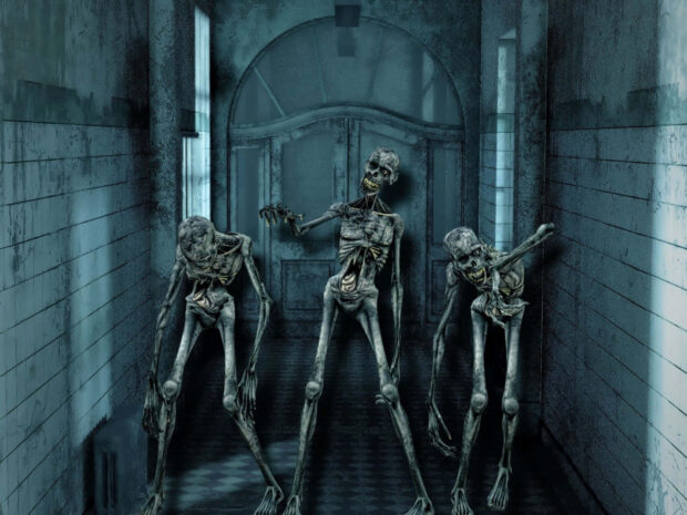 A creepy Halloween Skeleton Wallpaper featuring three emaciated figures in a dark, decaying hallway