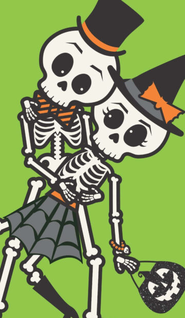 Halloween Skeleton Wallpaper featuring a cute cartoon skeleton couple, one in a top hat and the other in a witch hat, hugging on a bright green background