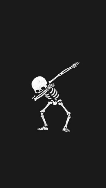 Halloween Skeleton Wallpaper showing a minimalist white skeleton doing the popular dab pose on a stark black background