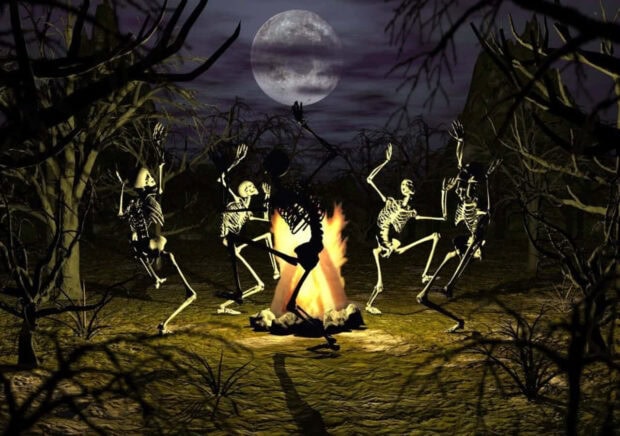 Halloween Skeleton Wallpaper featuring spooky skeletons dancing around a campfire under a full moon in a dark forest