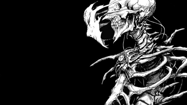 An artistic Halloween Skeleton Wallpaper featuring a detailed, dark skeletal creature with intricate bone structures on a pure black background