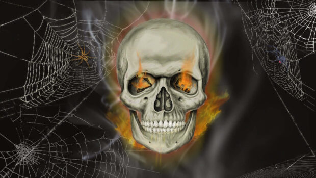 An eerie Halloween Skeleton Wallpaper featuring a skull with glowing fiery eyes surrounded by intricate spiderwebs and spiders on a dark, smoky background