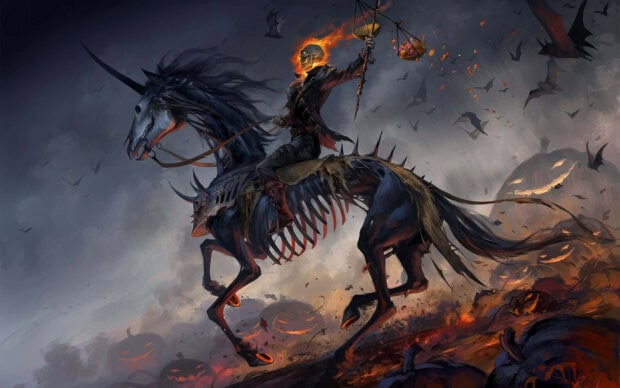 An epic Halloween Skeleton Wallpaper featuring a flaming skull rider on a dark, spiked unicorn amidst a battlefield of burning pumpkins and flying bats