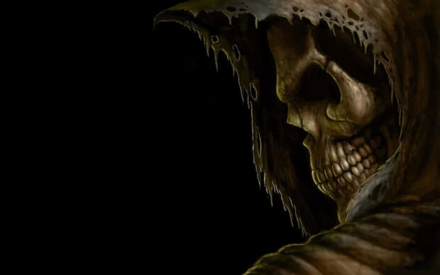 A dark Halloween Skeleton Wallpaper featuring a grim reaper's skull in profile with a tattered hood against a black background