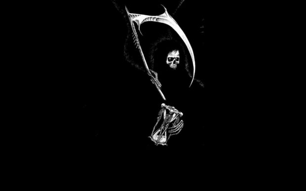 A minimalist Halloween Skeleton Wallpaper featuring the Grim Reaper holding a scythe and an hourglass against a deep black background