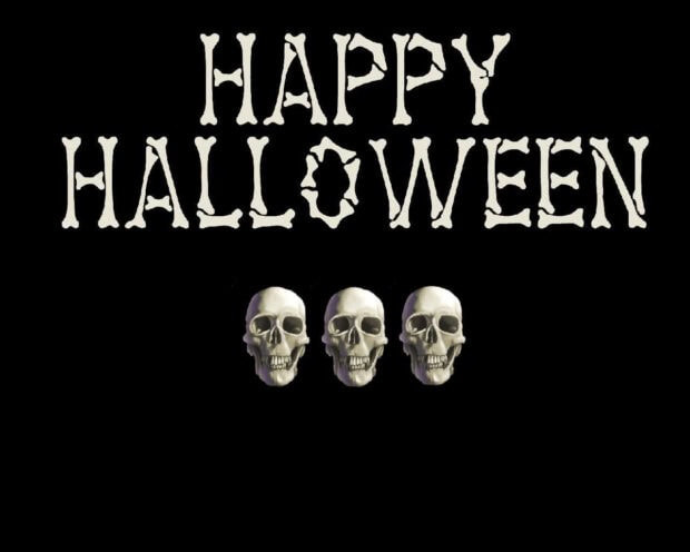 A minimalist Halloween Skeleton Wallpaper with "HAPPY HALLOWEEN" text made of bones and three skull heads on a black background