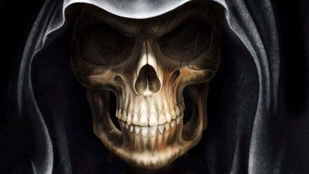 A menacing Halloween Skeleton Wallpaper showing a hooded skull's face head-on with a dark background