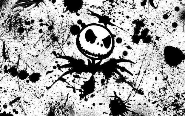 A grunge Halloween Skeleton Wallpaper featuring a black and white Jack Skellington-inspired character amidst ink splatters on a white background