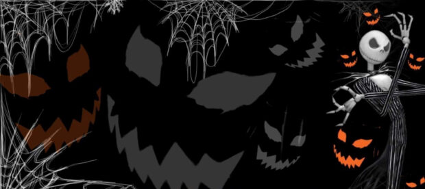 A dark Halloween Skeleton Wallpaper featuring Jack Skellington surrounded by spiderwebs and glowing pumpkin faces