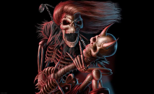 A dynamic Halloween Skeleton Wallpaper depicting a punk rock skeleton with red hair playing a guitar and holding a horned skull