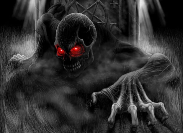 Halloween Skeleton Wallpaper depicting a menacing dark creature with glowing red eyes crawling from the ground