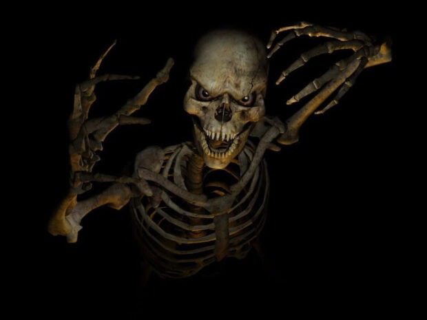 Halloween Skeleton Wallpaper featuring a scary, detailed skeleton with glowing eyes and sharp teeth emerging from darkness