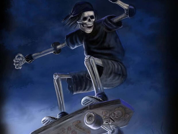 Halloween Skeleton Wallpaper depicting a cool skeleton wearing a cap and t-shirt, riding a skateboard against a dark blue background