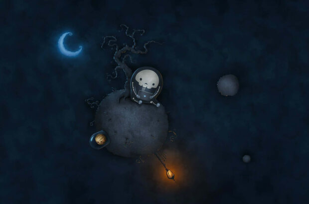 Halloween Skeleton Wallpaper showing a cute skeleton in a space helmet sitting on a tiny planet with a crescent moon in a dark blue cosmic background