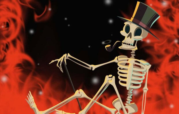 Halloween Skeleton Wallpaper featuring a stylish cartoon skeleton wearing a top hat and smoking a pipe against a red fiery background