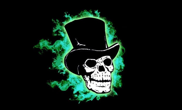 A minimalist Halloween Skeleton Wallpaper depicting a white skull wearing a top hat with a vibrant green glow on a black background