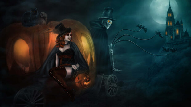 A magical Halloween Skeleton Wallpaper showing a witch on a pumpkin carriage, a skeleton pulling bats, and a castle under a full moon