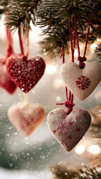 A festive Heart Wallpaper featuring decorative fabric and glitter hearts hanging from a Christmas tree branch, with blurred lights and bokeh in the background