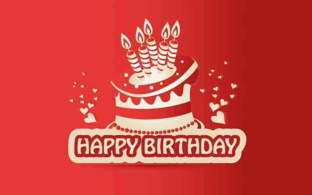 Its My Birthday Wallpaper featuring a cartoon birthday cake with lit candles and 'Happy Birthday' text on a solid red background
