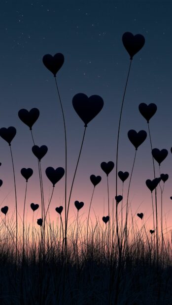 Heart wallpaper featuring heart-shaped balloons silhouetted against a beautiful twilight sky with grass