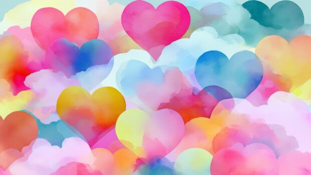 Heart Wallpaper featuring a vibrant watercolor abstract design with multiple colorful hearts and soft clouds