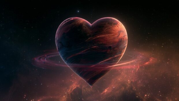 Heart wallpaper depicting a stunning cosmic heart-shaped nebula or planet in deep space with swirling light
